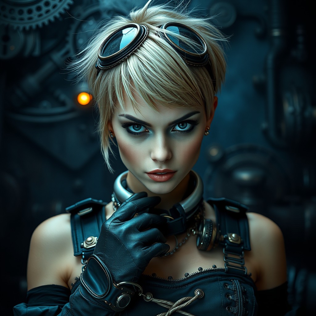 A striking woman with dark blonde hair styled in a short, edgy fashion, featuring intense black eyes that draw attention