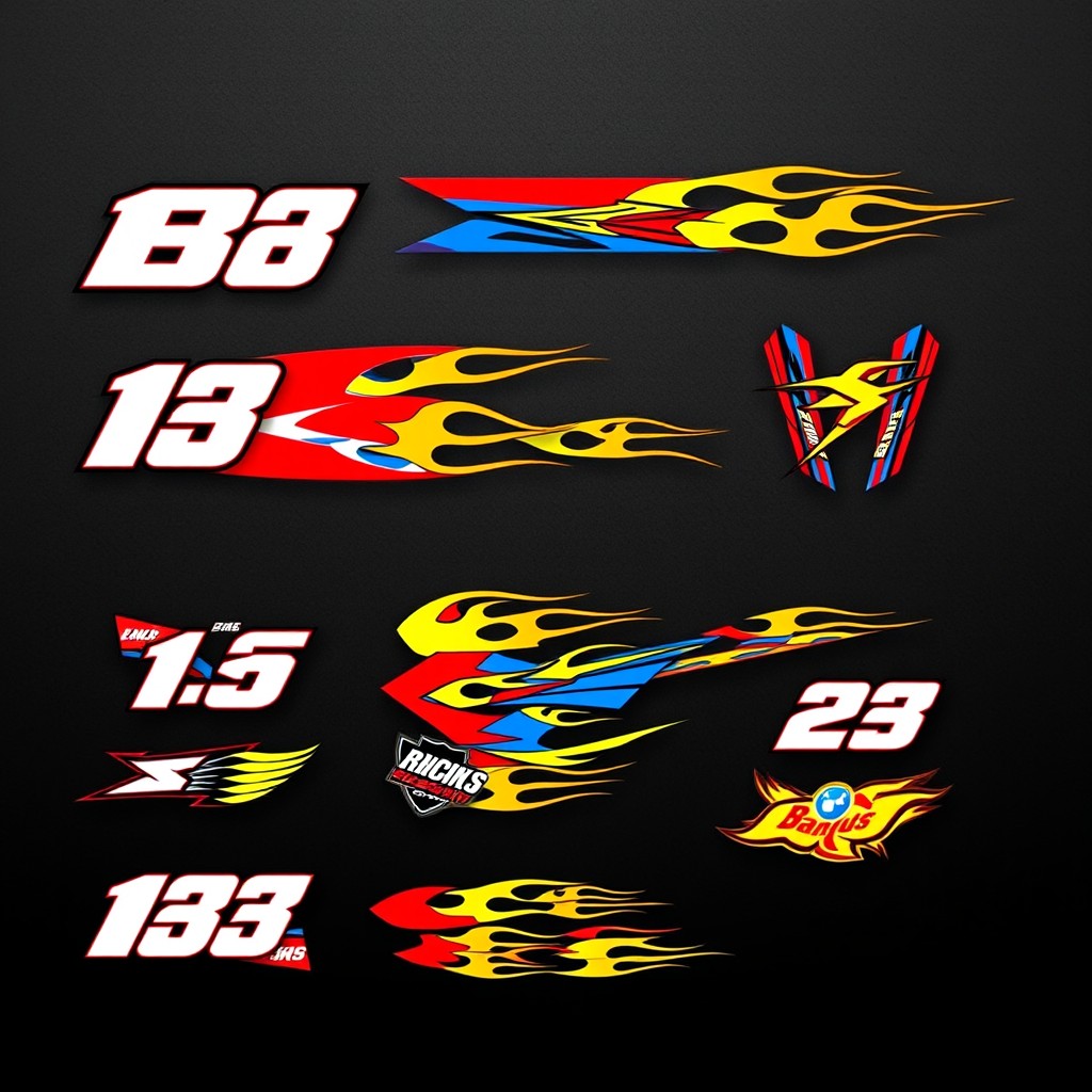 A collection of vibrant and dynamic decals for a sports bike, featuring bold graphics, racing stripes, and flame designs in a mixture of colors like red, blue, and yellow
