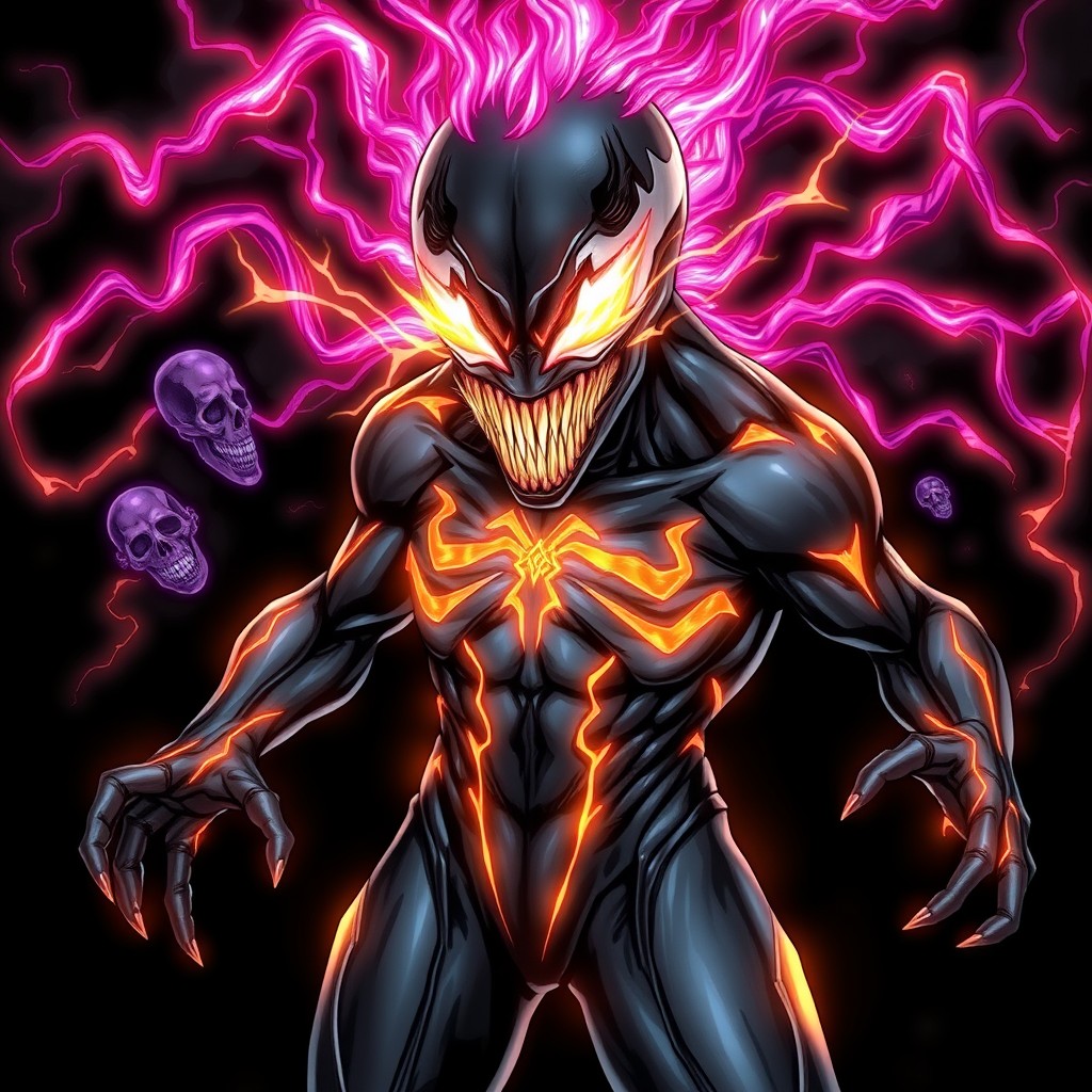 An illustration of Psynodyne, a unique symbiote host infused with the energies of Venom, Proteus, Nate Grey, and Gwen Tennyson