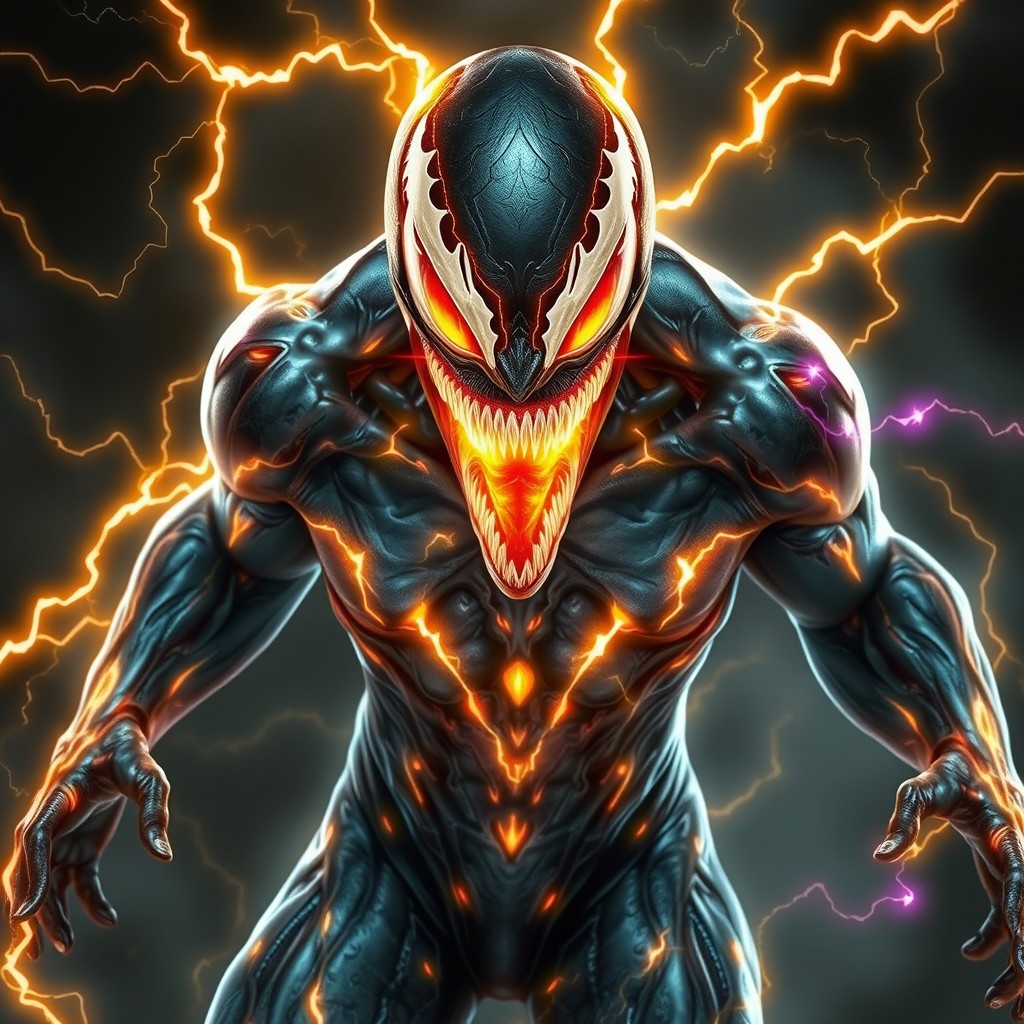 A powerful and dynamic image of a Psynodyne Symbiote Host, incorporating the essence of Venom respawning after absorbing Proteus, Nate Grey, and the Anodite energy of Gwen Tennyson