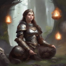 dwarven female kineticist meditates wearing her heavy armor while energy from nature soars around