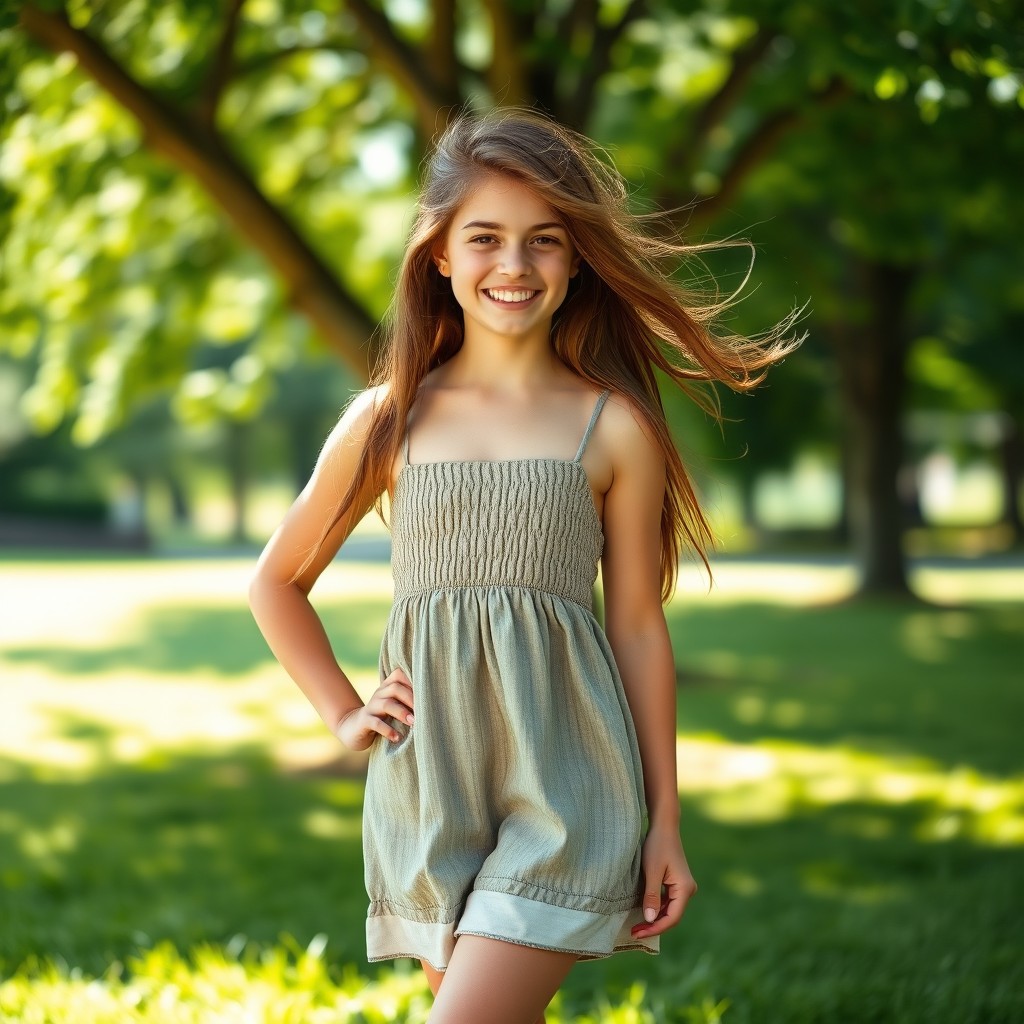 A vibrant portrait of a confident teenage girl standing under a sun-drenched tree, wearing a stylish summer dress and sneakers