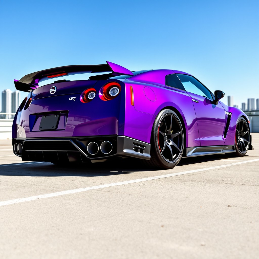 A Nissan GT-R R35, vividly colored in purple, featuring a unique spoiler that extends from the exhaust pipe