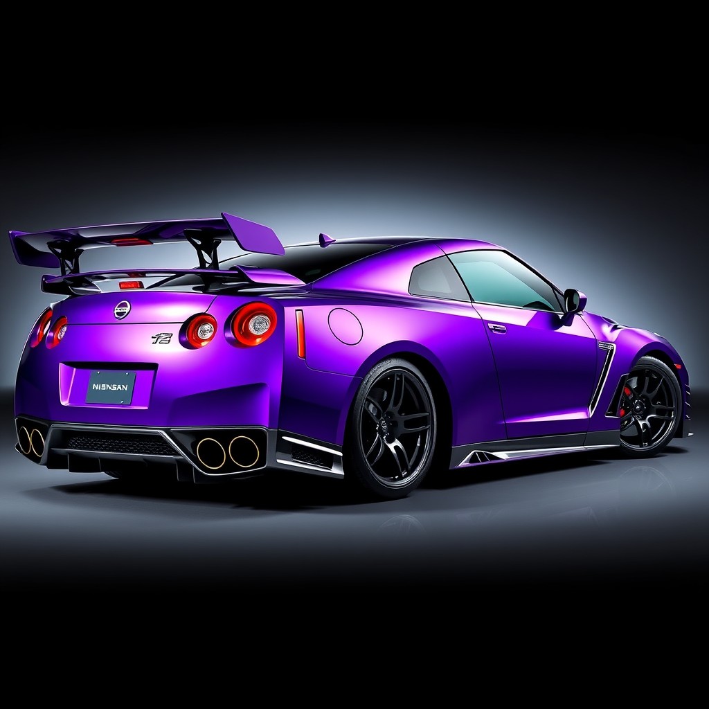 A Nissan GTR R35 in a vibrant purple color, featuring a unique rear wing that extends from the exhaust pipes, with stylish side skirts enhancing its aerodynamic appearance