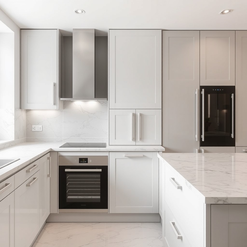 A modern kitchen interior featuring a light terazzo countertop, left side includes a full-height countertop that covers the end facade of the kitchen