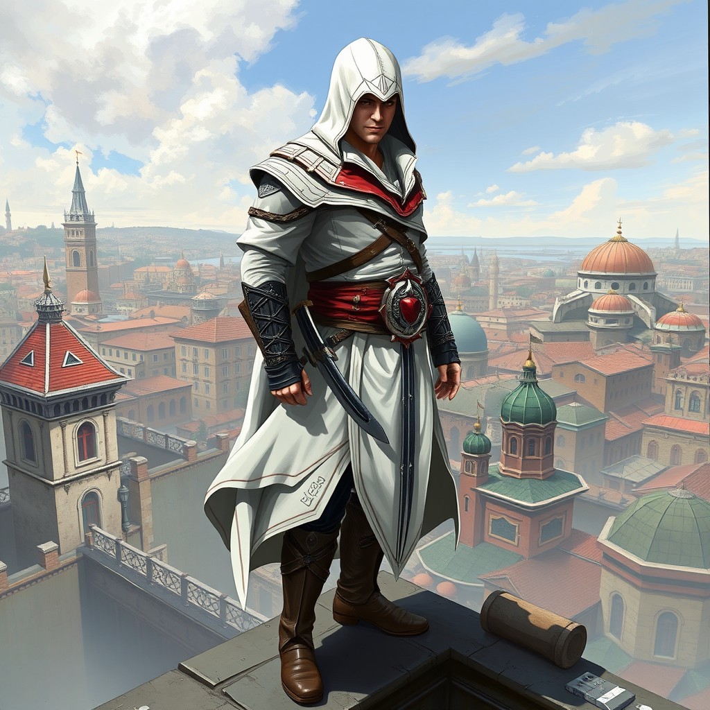 A detailed illustration of Ezio Auditore from Assassin's Creed Revelations, showcasing his iconic white assassin cloak and hood