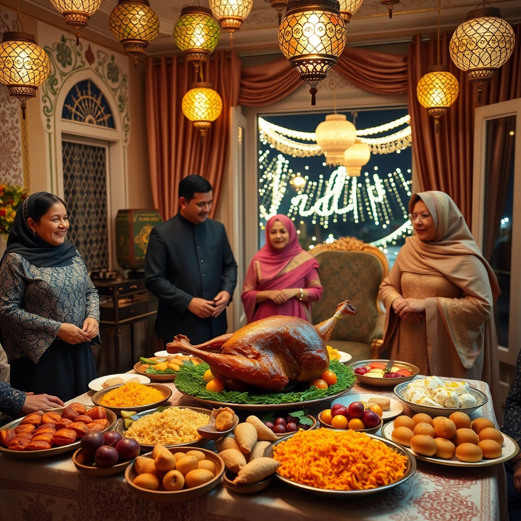A festive and joyful scene celebrating Eid al-Adha, featuring a beautifully decorated room adorned with colorful lanterns and intricate geometric patterns
