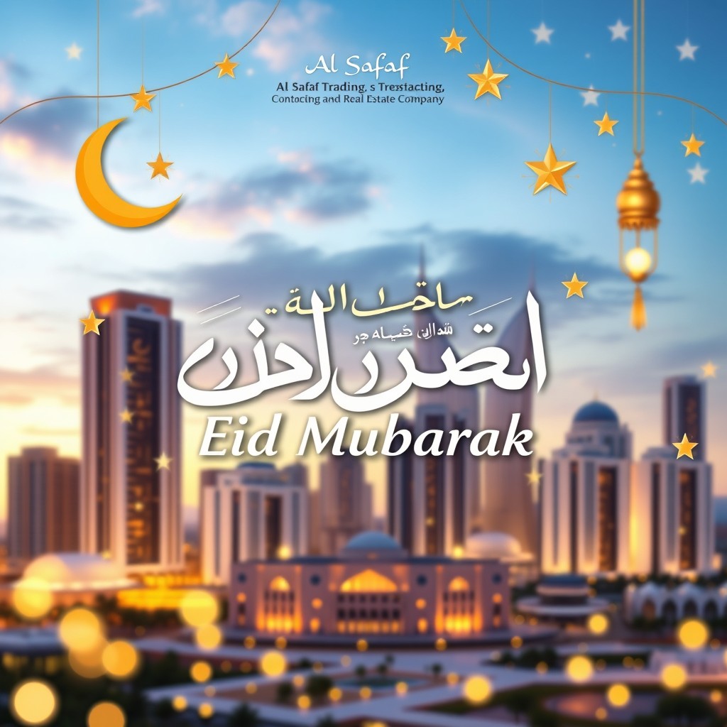 A festive Eid al-Adha greeting designed for Al-Safaf Trading, Contracting, and Real Estate Company