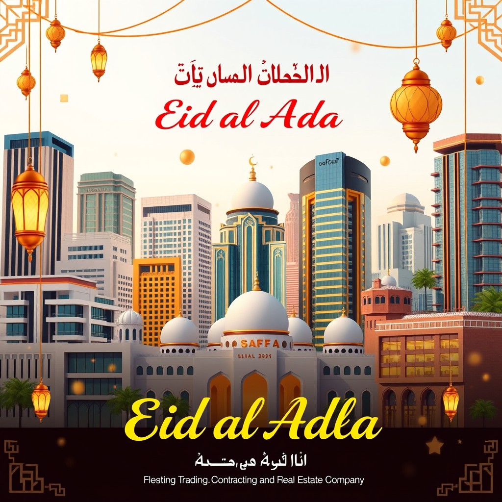 A festive Eid al-Adha greeting design featuring real architectural buildings and structures to represent Al-Saffaf Trading, Contracting and Real Estate Company