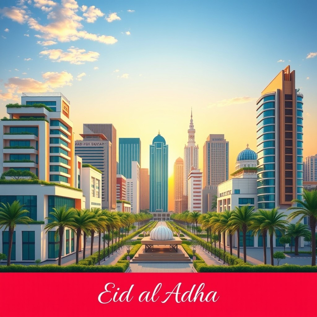A visually striking Eid al-Adha greeting card featuring a beautiful array of modern buildings, showcasing elegant architectural designs with clean lines and vibrant colors