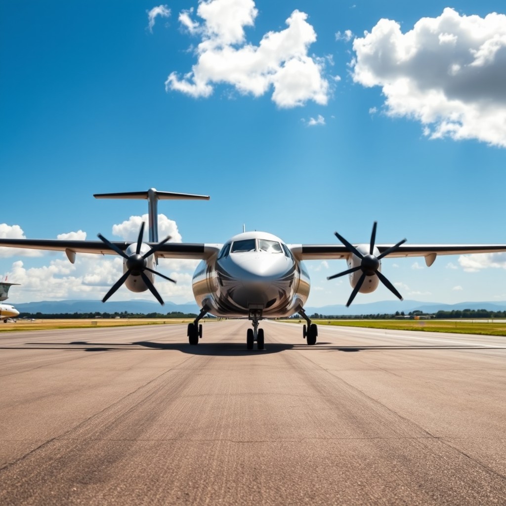 A Dash 8 Q400 aircraft on a runway, showcasing its distinctive features and the logo 'Mio' prominently displayed on its fuselage