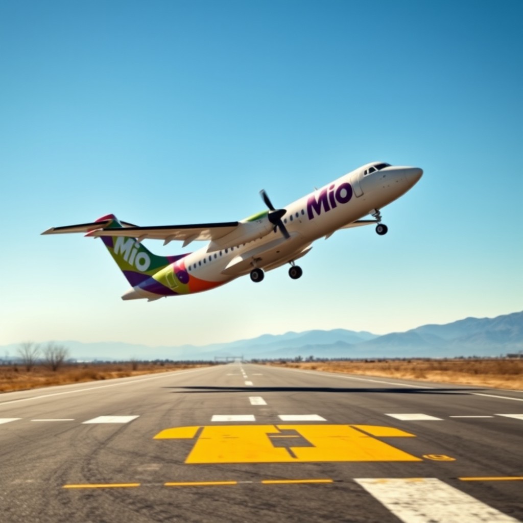 A Dash 8 Q400 aircraft in a dramatic action shot, taking off down a runway with a bright blue sky in the background