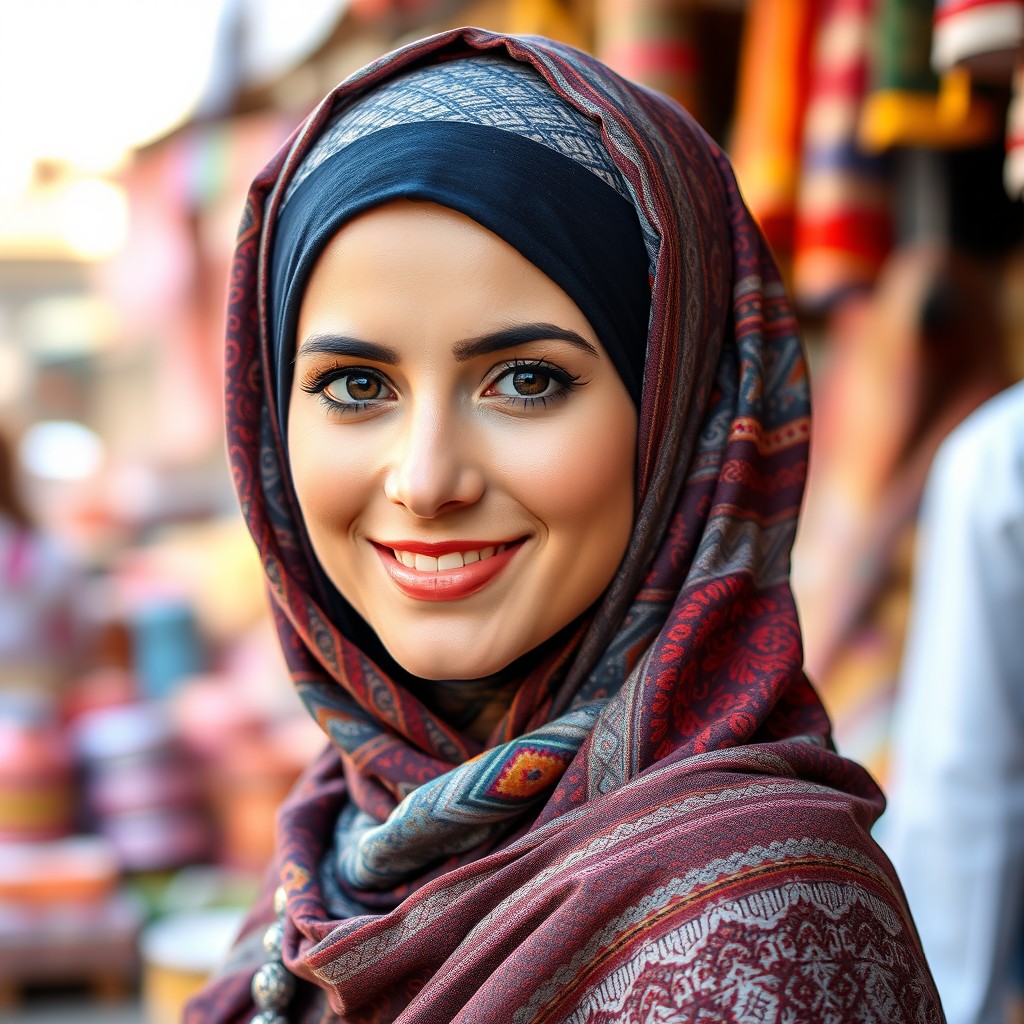 A portrait of an Arab woman wearing a beautifully designed hijab, showcasing intricate patterns and vibrant colors, with captivating facial features and a warm smile
