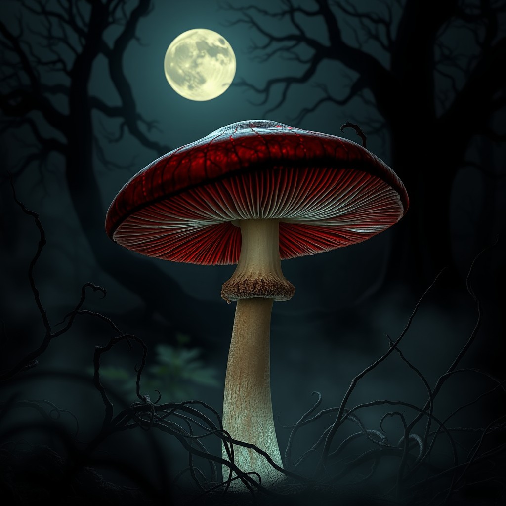A mystical and eerie vampire mushroom set in a dark, enchanted forest