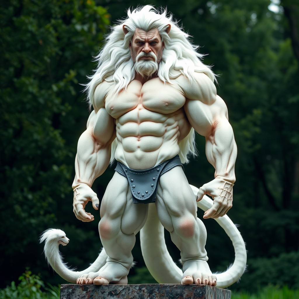 A powerful and majestic white lion-human hybrid, embodying both lion and human traits