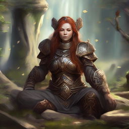 dwarven female kineticist meditates wearing her heavy armor while energy from nature soars around