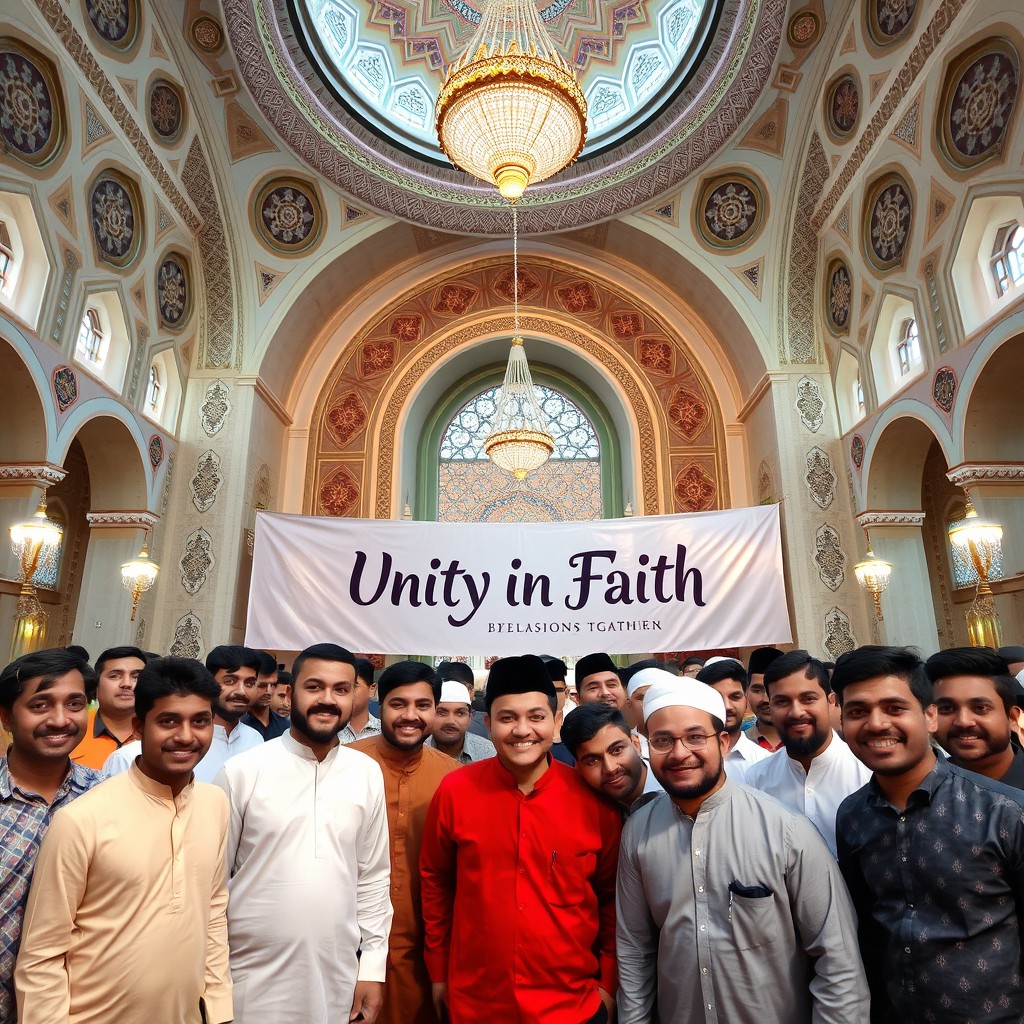 A vibrant celebration inside a beautiful mosque, featuring a diverse group of brothers from various cultural backgrounds