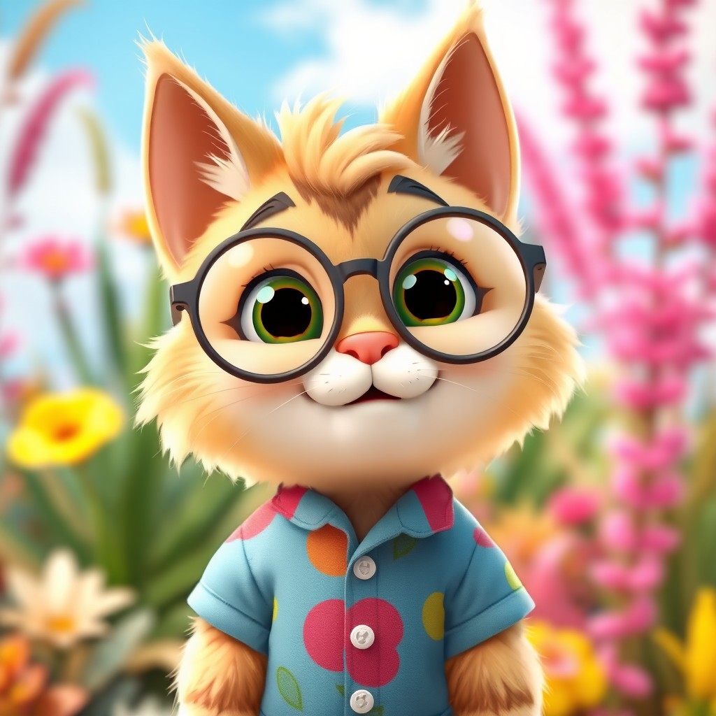 A whimsical cartoon cat wearing a colorful shirt and large round glasses, with a playful expression