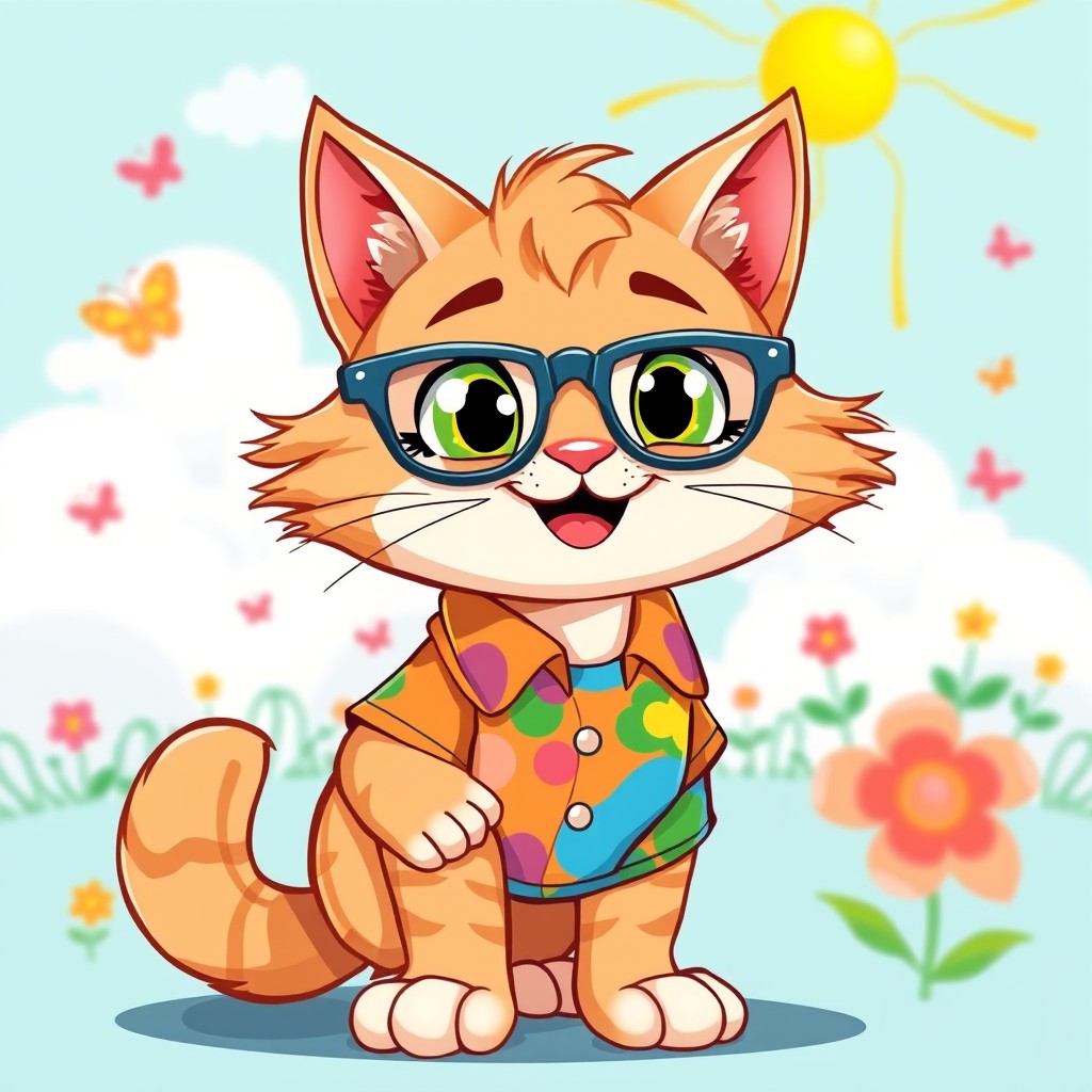 A cartoon cat wearing a colorful shirt and a pair of stylish glasses, displaying a friendly and quirky expression