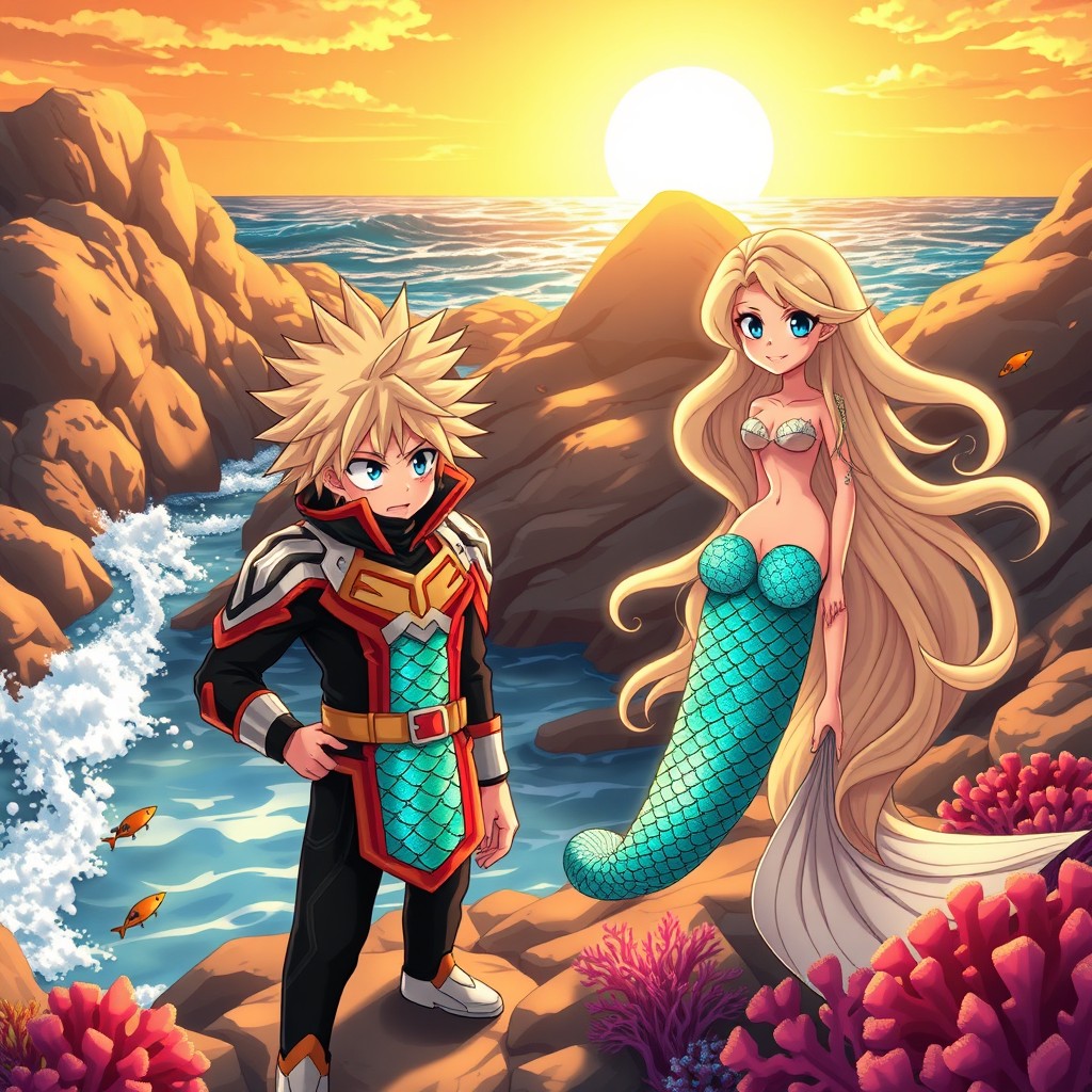 Katsuki Bakugo, a character from My Hero Academia, with spiky blonde hair and an intense expression, stands on a rocky beach at sunset