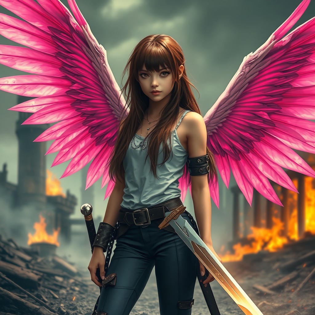 A teenage girl with long brown hair and large, elegant pink wings, standing confidently in the midst of a burnt down city