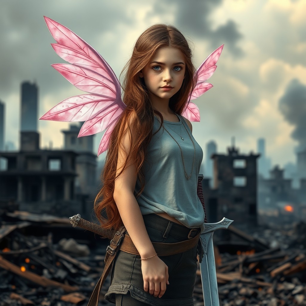 A teenage girl with long brown hair and stunning blue eyes stands in the midst of a burnt-down city