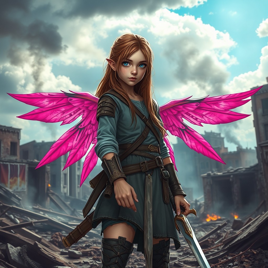 A teenage Swiss girl with long brown hair and vibrant pink wings, standing confidently in a burnt down city