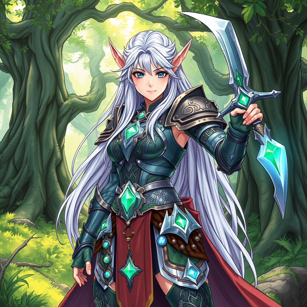A powerful elven warrior with long silver hair and striking emerald eyes stands confidently in a fantasy forest