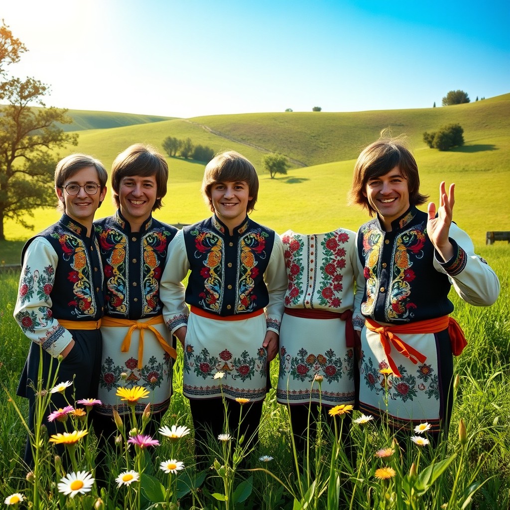 The Beatles, dressed in traditional Ukrainian vyshyvankas, gathering in a lush, green countryside setting