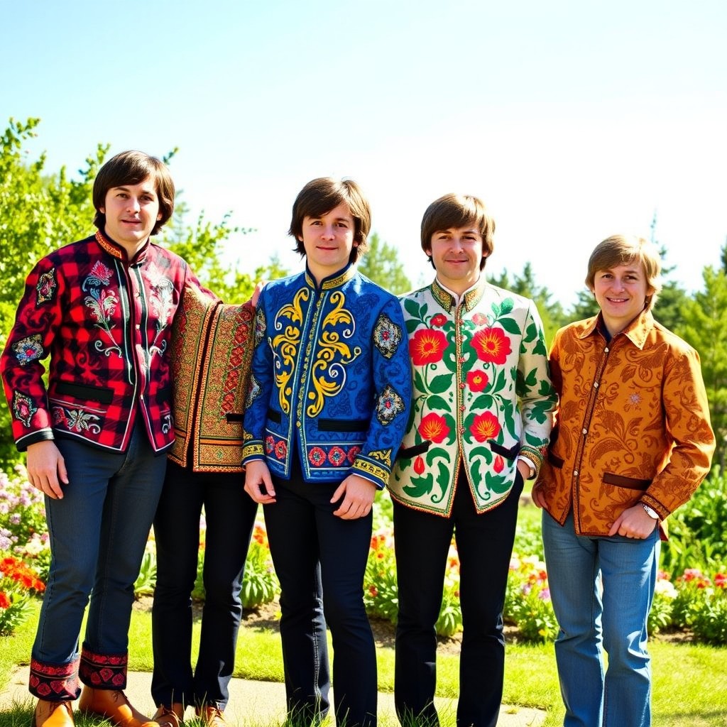 The Beatles wearing colorful vyshyvankas, traditional embroidered Ukrainian shirts, standing together in a vibrant, lively setting