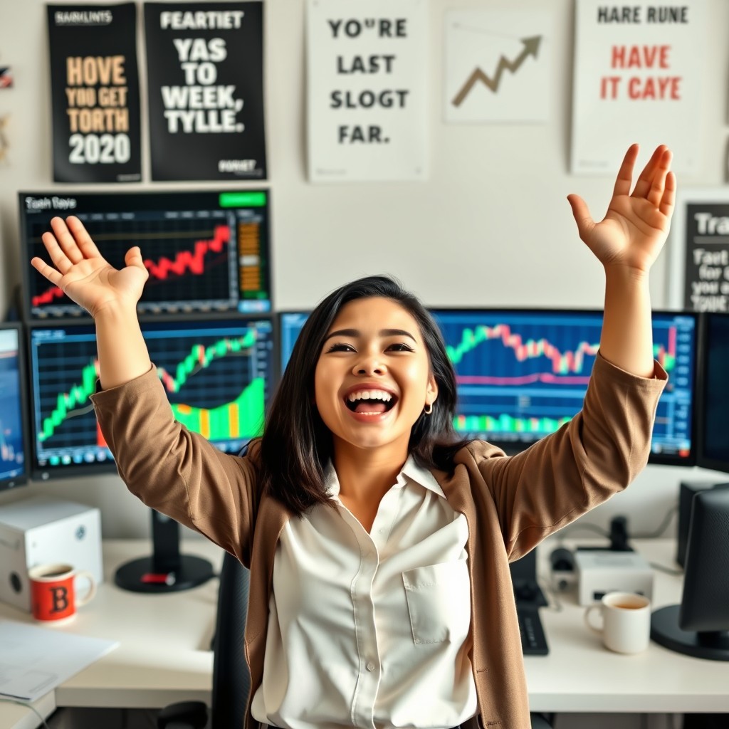 A joyful young female forex trader celebrating her success in front of multiple computer screens displaying rising graphs and forex charts