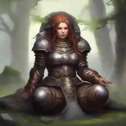 dwarven female kineticist meditates wearing her heavy armor while energy from nature soars around