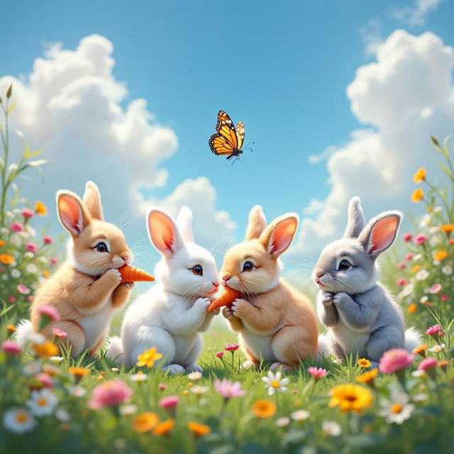 A delightful scene featuring fluffy bunnies with soft, fluffy fur in varying colors like white, light brown, and grey