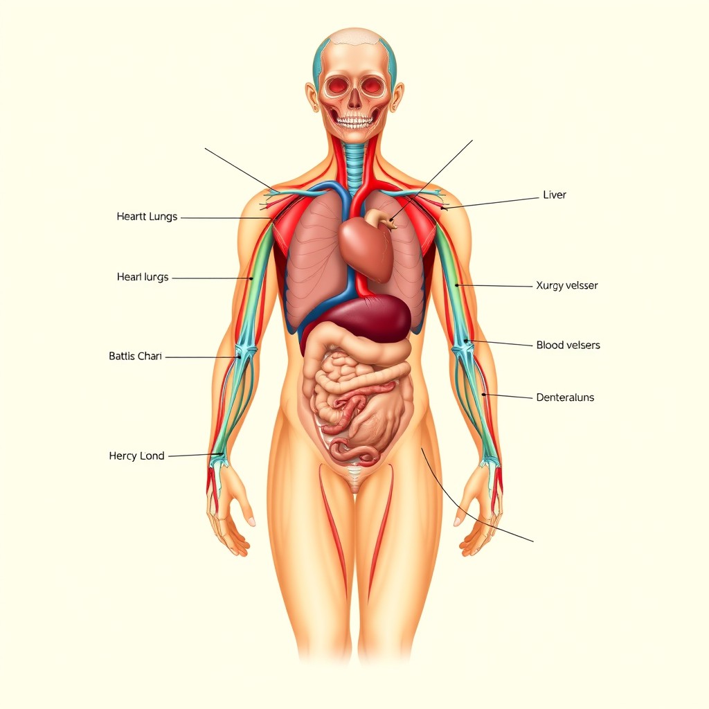 An anatomical illustration featuring an open human body, showcasing detailed organs and systems in a vibrant and educational manner