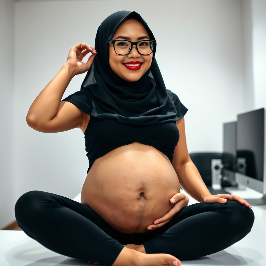 A young Indonesian woman, aged 25-30, is depicted as pregnant with a curvy but proportional body and a large chest (size 40)