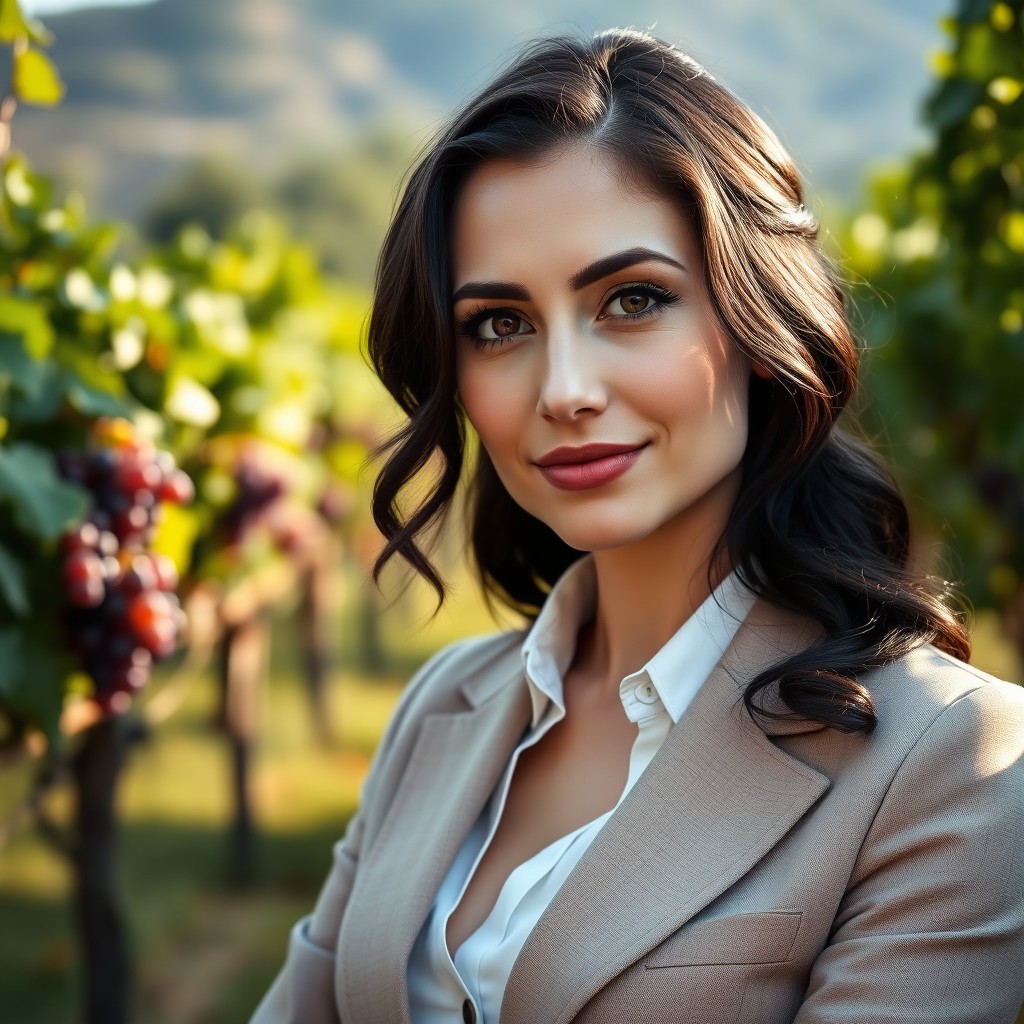 A refined portrait of a 32-year-old Italian female winemaker with black wavy hair and deep brown eyes