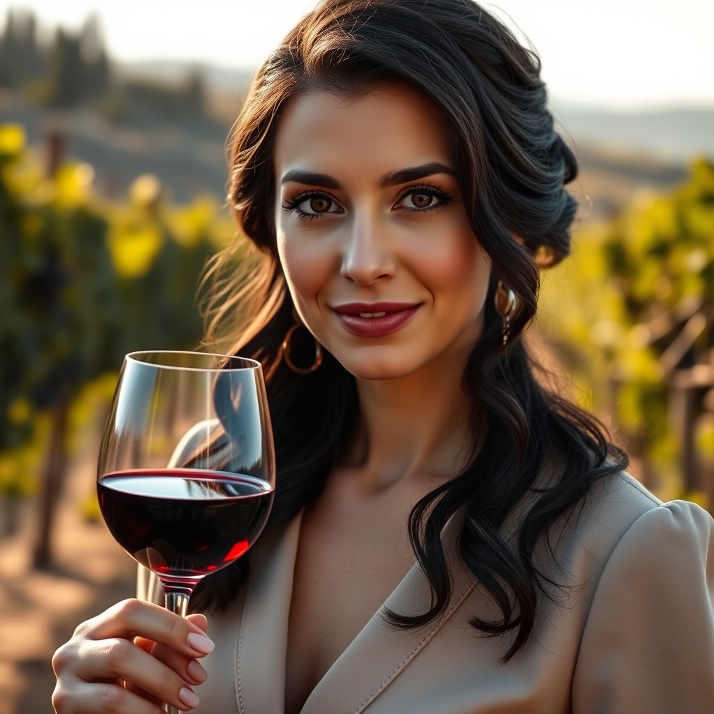 A refined portrait of a 32-year-old Italian female winemaker with black wavy hair and deep brown eyes