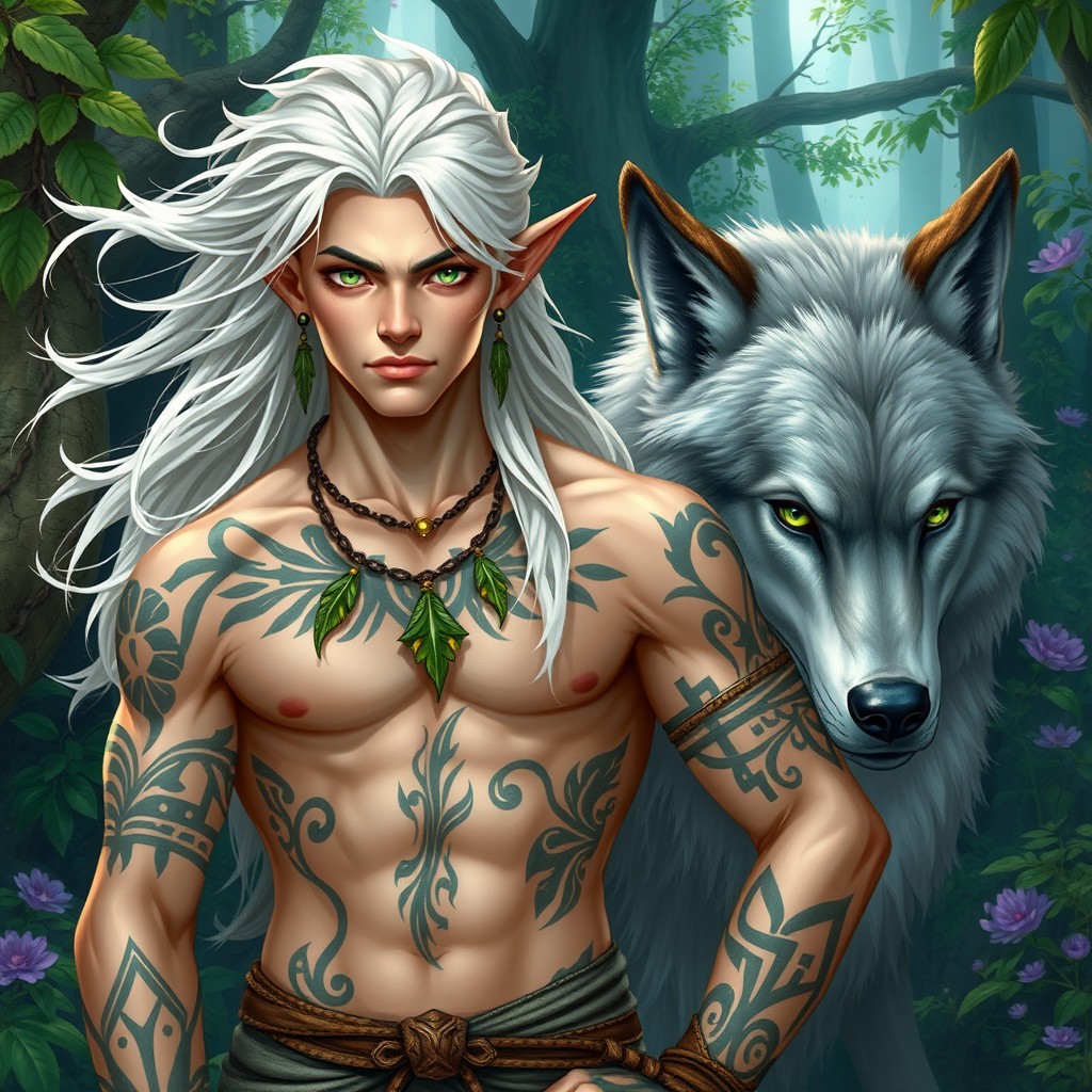 A medium-sized male elf druid with flowing white hair and vibrant green eyes, showcasing intricate tribal tattoos on his arms and chest