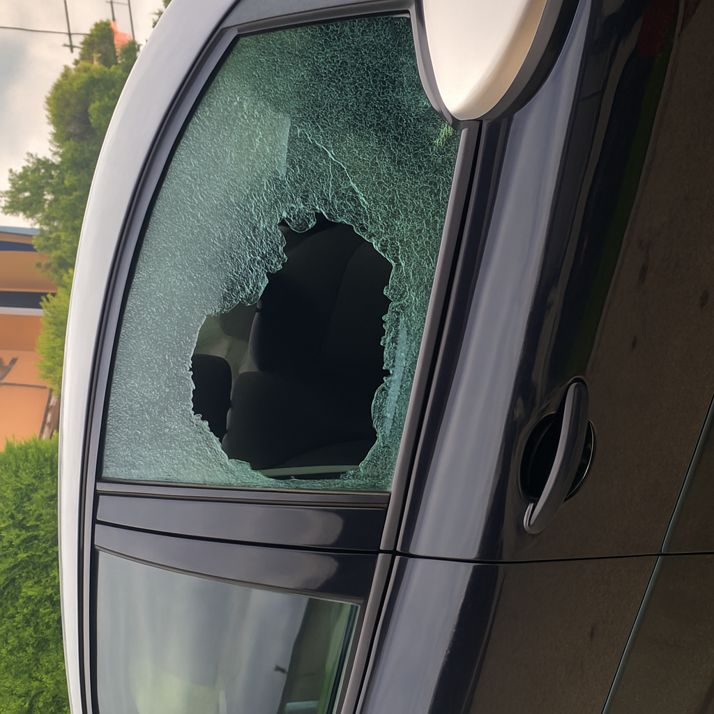 Could you please use this photo and make it look like the window was broken? Don't change the car or the perspective. Keep the photo that I sent you, just make it look like the windows was broken. Keep the image the same size, don't rotate it and don't cancel the white car mirror