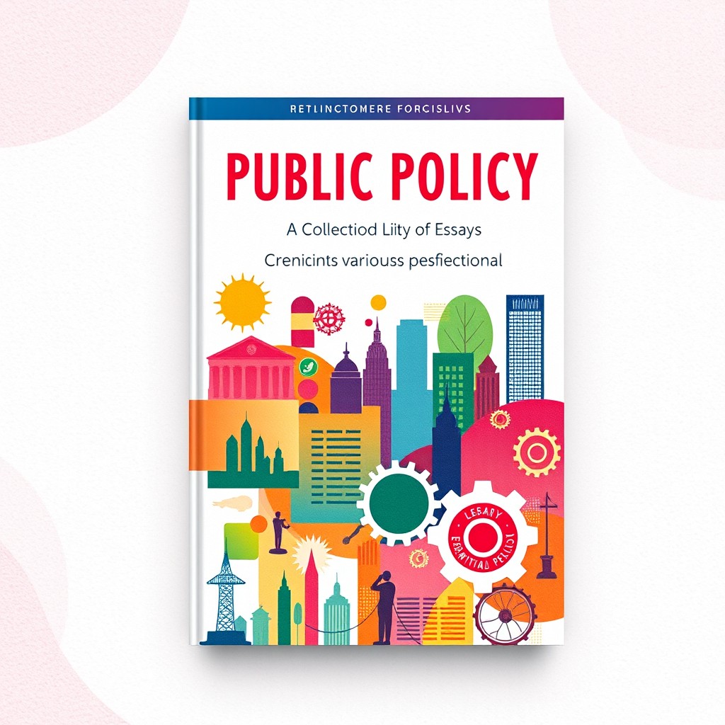 A vibrant book cover design for a collection of essays titled 'Public Policy from Various Perspectives'