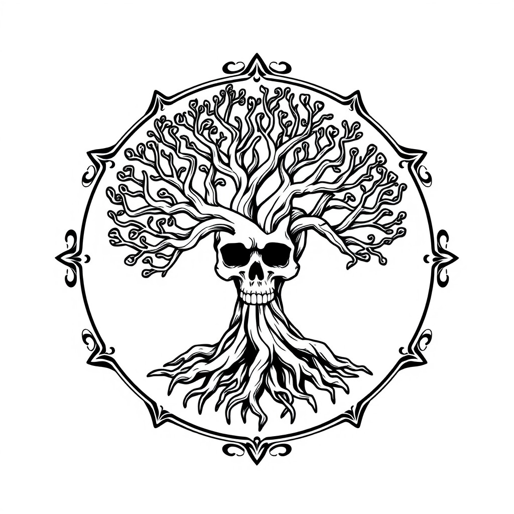 A badge logo featuring a stylized design of a tree with intertwined branches and roots, resembling a skull subtly incorporated into the trunk