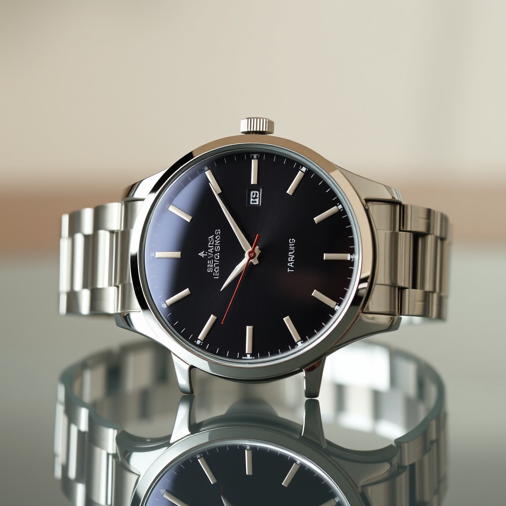 A stylish wristwatch with a sleek design, featuring a silver stainless steel band and a round dial with a glossy black face