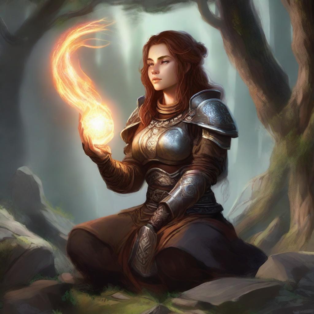 dwarven female kineticist meditates wearing her heavy armor while energy from nature soars around