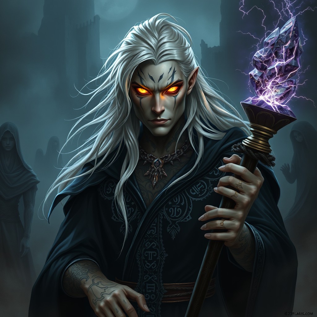 A dark and imposing Aasimar sorcerer with a menacing aura, featuring glowing, radiant eyes that emit a harsh light