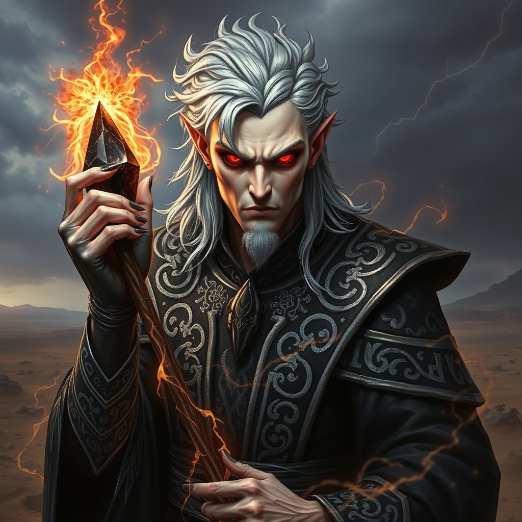 An evil Aasimar Sorcerer with dark, shimmering silver hair and piercing crimson eyes that reflect malevolence