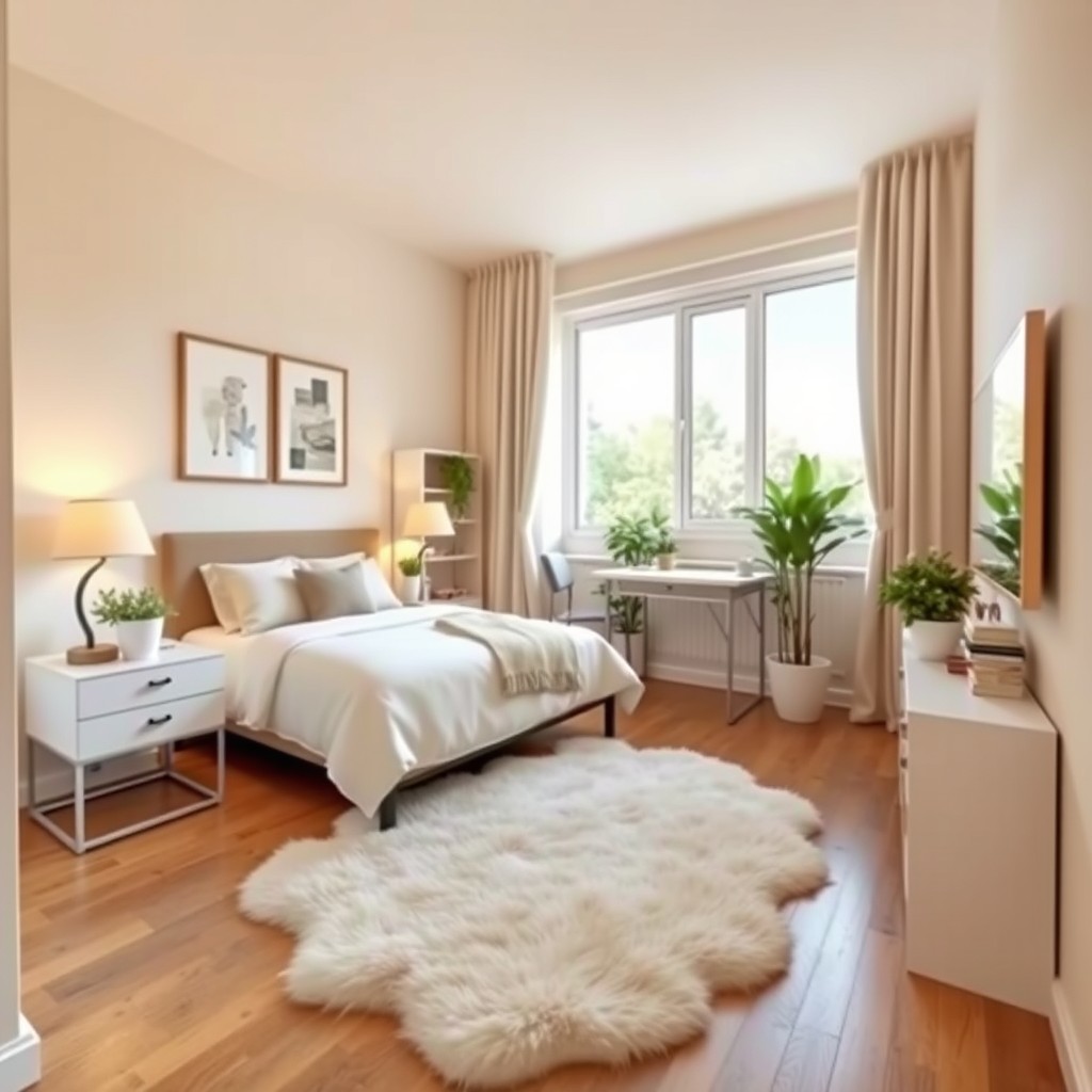 A cozy 3x3 meter bedroom design featuring a double bed with plush bedding, two stylish bedside tables with lamps, and a small bookshelf