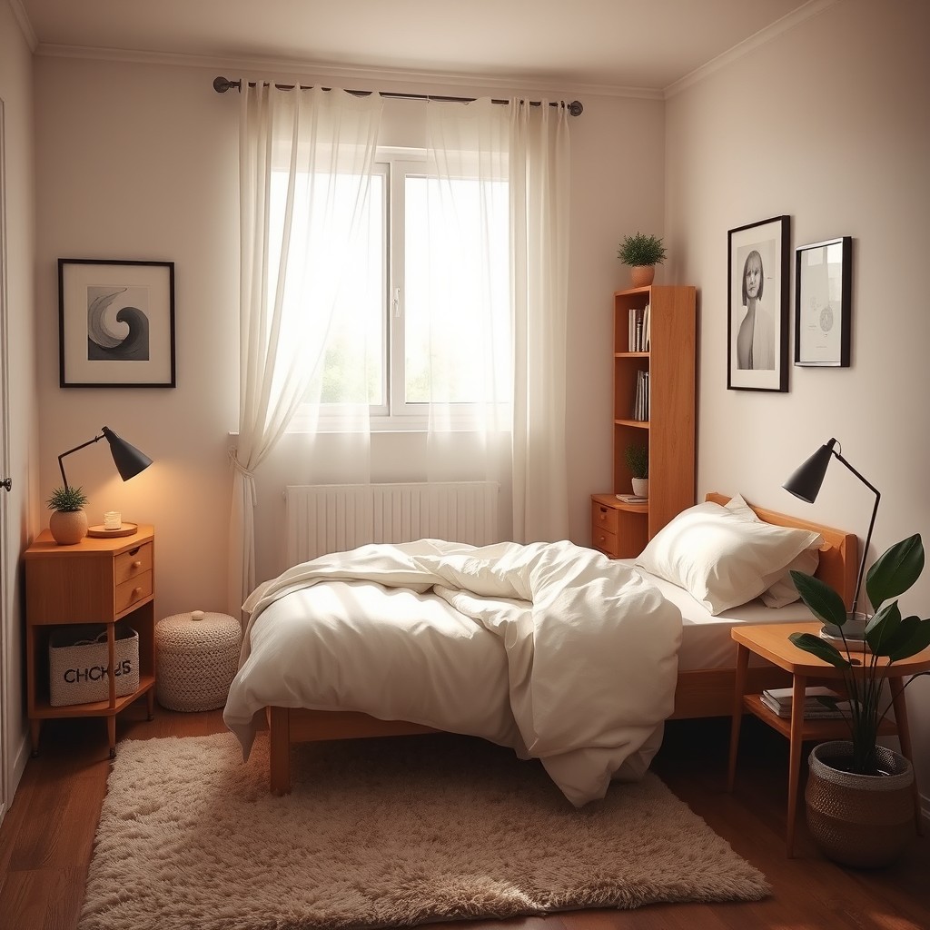 A cozy and stylish 3x3 bedroom featuring a comfortable queen-size bed with soft, inviting bedding