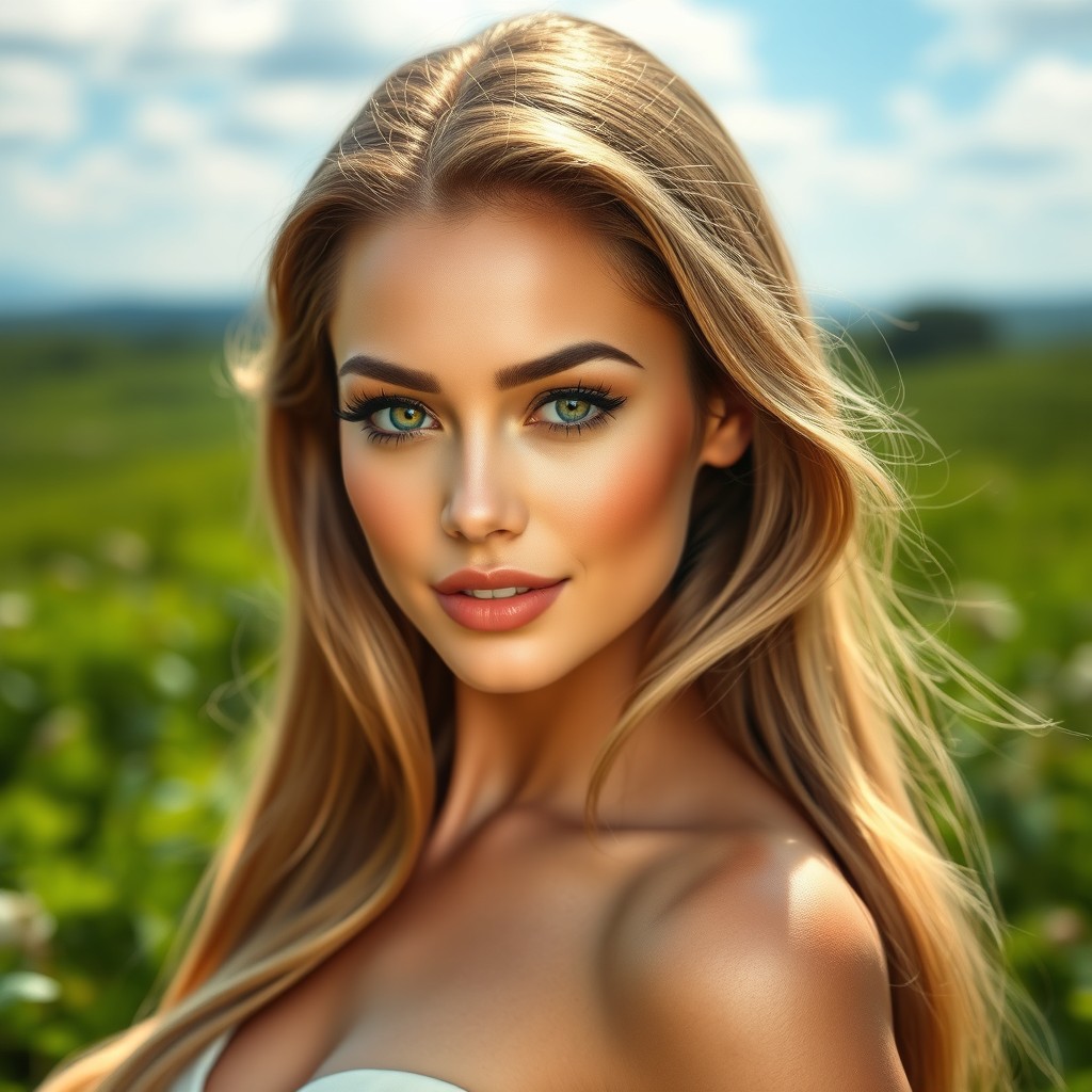 A stunning female model with striking features and captivating eyes, styled in an elegant fashion with long flowing hair, surrounded by a dreamy landscape of lush greenery and a serene blue sky
