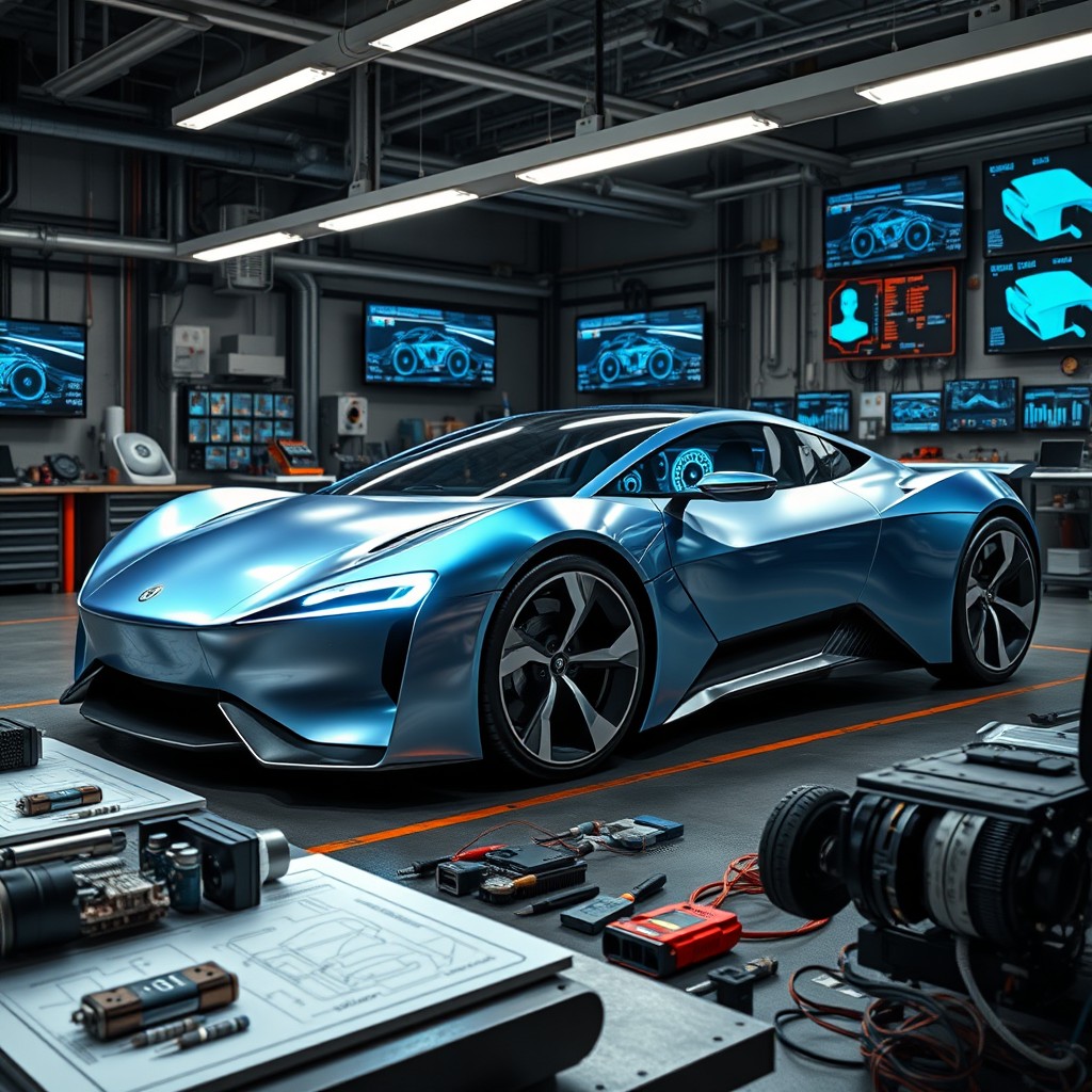 A detailed automotive project featuring a sleek, futuristic electric car design