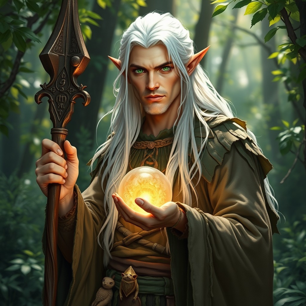 A male Dungeons and Dragons wild elf druid, possessing long flowing white hair and striking green eyes